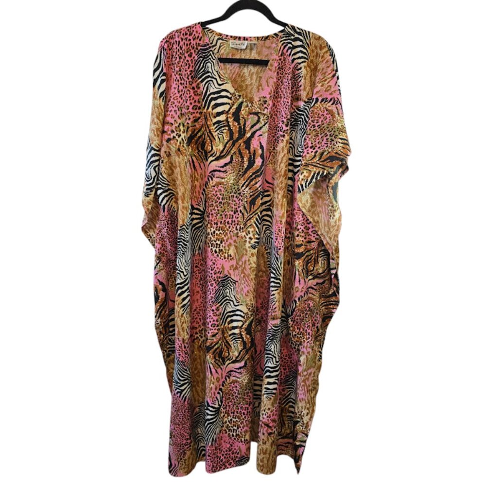 SANTE CLASSICS KAFTAN DRESS PINK TAN ANIMAL PRINT ONE SIZE RHINESTONES